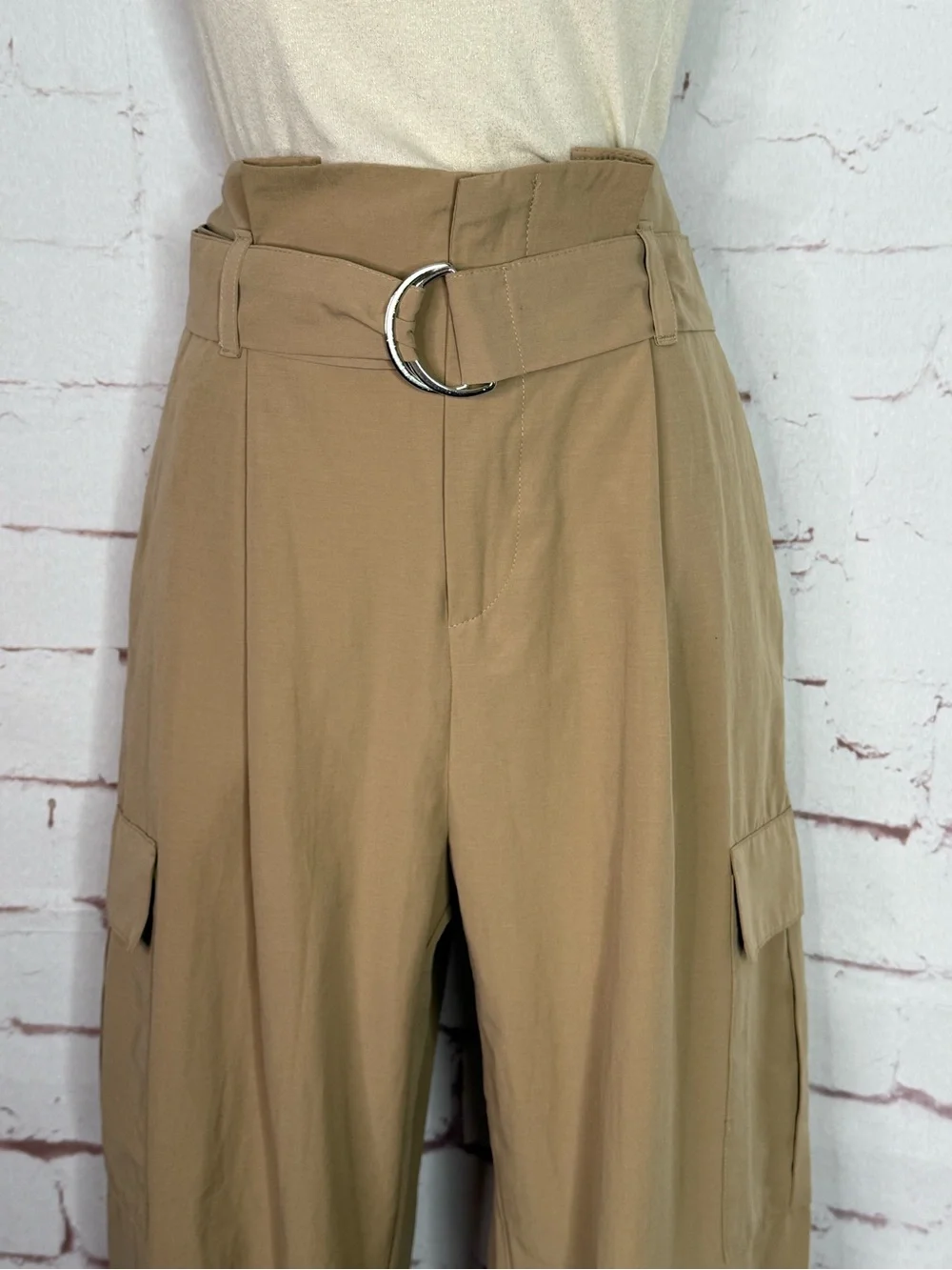 ZARA New With Tag M High Rise Paper Bag Straight Leg Camel Cargo Pants Medium - Picture 12 of 15